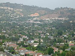 The view of Hacienda Heights, with Hsi Lai Temple and Puente Hills in the background