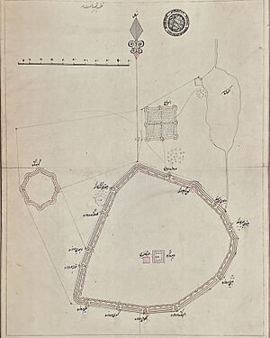 Map of Amritsar, with the city perimeter captioned in Perso-Arabic script marking the twelve historical gates of the old city-wall, ca.1831–35