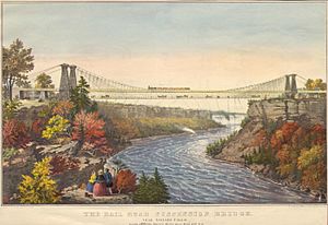 A man, two woman, and a dog are in the left foreground, viewing a bridge that spans a river.  The bridge is suspended on lines that are supported by two stone towers on each side of the river and anchored by lines to each shore.  The bridge has two levels; a train travels on the top level, while people and horse-drawn carriages cross on the bottom.  In the river, downstream from the bridge, a boat is visible.  In the distance is Niagara Falls.