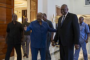 Secretary of Defense Lloyd Austin with Djiboutian President Ismail Omar Guelleh at the presidential palace in Djibouti, Republic of Djibouti on September 24, 2023 - 230924-D-PM193-1265