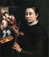 a portrait of a woman at an easel, painting a scene of a mother and child.