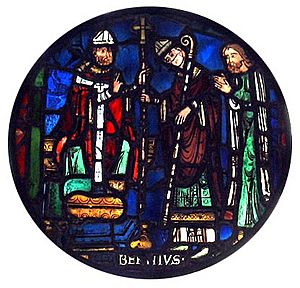 Stained glass roundel in Dorchester Abbey, Oxfordshire, depicting Birinus and Asterius