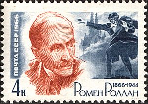 The Soviet Union 1966 CPA 3311 stamp (Birth Centenary French Writer Romain Rolland (1866-1944) (after Anatoly Yar-Kravchenko) and Scene from 'Jean-Christophe')