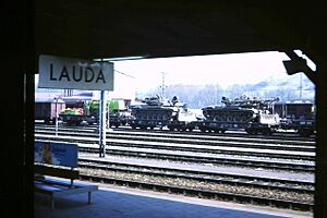 U.S. Army tanks, West Germany 1978 in Lauda (Lauda-Königshofen), Bahnhof Lauda
