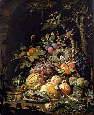 Abraham Mignon - A bird's nest in a fruit basket