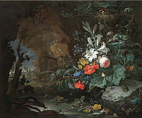 Abraham Mignon - Interior of a grotto with a rock-pool, frogs, salamanders and a bird's nest