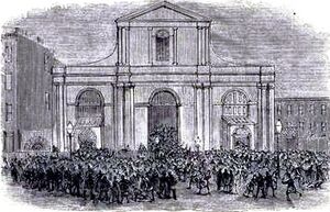 Copy of New York City the fatal panic, on the evening of March 8th, in the Church of St. Francis Xavier, Sixteenth Street, bet... Fatal panic on the evening of March 8th in the Church of St.... 1877 crop