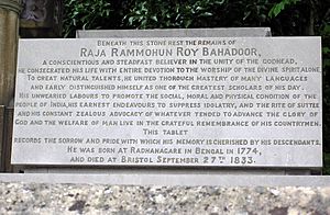 Epitaph of Raja Rammohun Roy in Arnos Vale Cemetery, Bristol, England