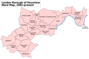 Hounslow London UK labelled ward map 2002