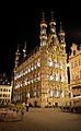 Leuven City Hall, looking up from base at night
