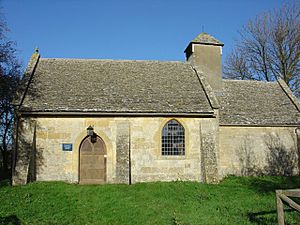 A very small church seen from the south, with the nave on the left, a smaller chapel to the right, and at the west end of the chancel, a bellcote