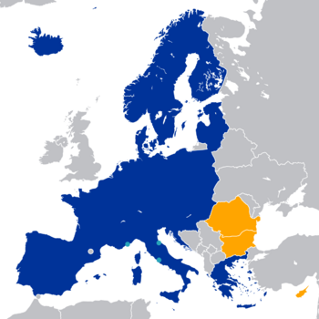 Map of the Schengen Area      Schengen Area      Countries with open borders to the Schengen area      Member of the EU committed by treaty to join the Schengen Area in the future