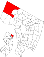 Map highlighting Mahwah's location within Bergen County. Inset: Bergen County's location within New Jersey