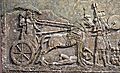 Sargon II in his royal chariot, tramping a dead or dying enemy, part of a war scene from Khorsabad, Iraq. The Iraq Museum
