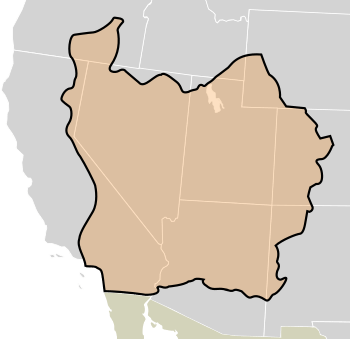 The boundaries of the provisional State of Deseret (orange with black outline) as proposed in 1849. Modern state boundaries are underlaid for reference.