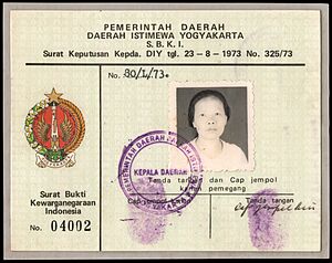 Surat Bukti Kewarganegaraan Indonesia from 1973, obverse