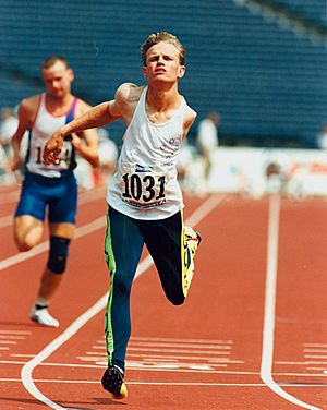 Tim Matthews finishing his race at the Atlanta 1996 Paralympic Games