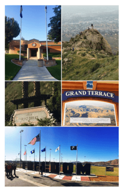 City of Grand Terrace images from top, left to right - Grand Terrace City Hall, Blue Mountain Trail, Northeast City Entrance, Historical Plaque, Veterans Wall of Freedom