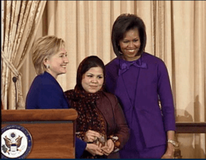 Wazhma Frogh (Afghanistan) with Secretary of State Hillary Rodham Clinton and First Lady Michelle Obama