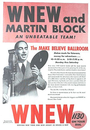Advertisement for WNEW and Martin Block Make Believe Ballroom program (1947)