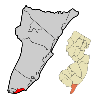 Cape May City highlighted in Cape May County. Inset map: Cape May County highlighted in the State of New Jersey.
