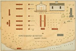 Contraband Quarters, Mason's (Roosevelt) Island, Washington, D.C. (Ground plan, view and cross section of one of the... - NARA - 305820