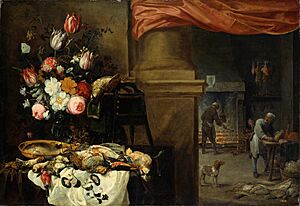 David Teniers (II), Nicolaes van Verendael, Carstian Luyckx - Kitchen still life with a vase of flowers, dead birds, a fish and a cat