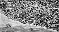 Oblique aerial drawing of Fort Detroit in 1818, surrounded by timber stockade