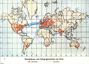 Eisenbahnen- und Telegraphendichte der Erde um 1900