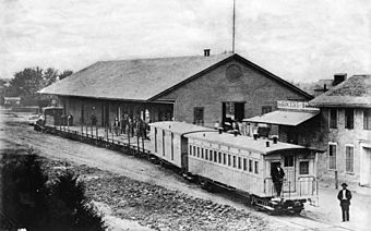 Exterior view of the Los Angeles and San Pedro Station, the first railroad into Los Angeles, ca.1880 (CHS-6107).jpg