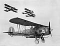 Fairey Swordfish Mk I torpedo bombers of the Fleet Air Arm on a training flight from Crail in Scotland, 1940. A3532