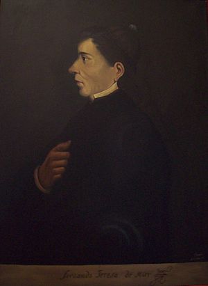 Left-facing profile portrait of Mier in priestly attire. He is depicted with black hair, brown eyes and a pointed nose.