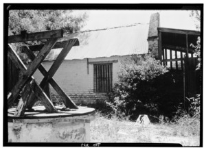 Historic American Buildings Survey, W. Eugene George, Jr., Photographer September, 1961 NORTH FACADE OF OUTBUILDINGS FROM PATIO. - Rafael Garcia Ramirez House, East side of Main HABS TEX,214-ROMA,3-5
