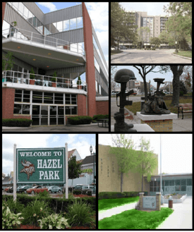 Pictured left to right: The Hazel Park Racetrack, the Hazelcrest Apartments, the Monument to the Fallen Heroes at city hall, Hazel Park Welcome Sign in Downtown, and Hazel Park High School