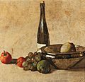 Kurt Schwitters - Still life with wine bottle and fruit