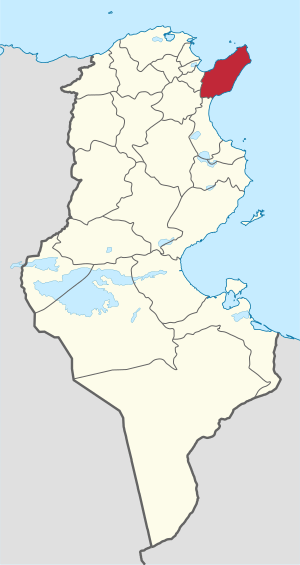 Map of Tunisia with Nabeul highlighted