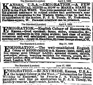 Newspaper advertisements (1889-1990) for the settlement of Runnymede, Kansas