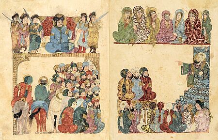 Preaching scene at Rayy in maqāma 21 (fols. 58v–59r, douvle-page spread as a unit), Maqamat al-Harari 1237