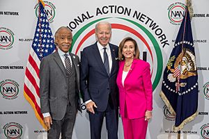 President Joe Biden poses for a photo with Al Sharpton and Nancy Pelosi (52635231033)