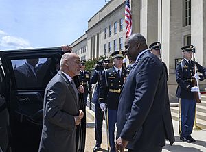 Secretary of Defense Lloyd J. Austin III greets and President of Afghanistan Ashraf Ghani during a bilateral exchange at the Pentagon, Washington, D.C., June 25, 2021 51270314796