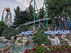 Six Flags Magic Mountain Entrance Plaza April 2026.jpg
