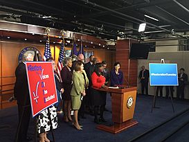Terri Sewell speaking at a Restore the Vote press conference in 2015