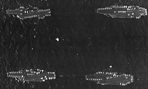 US Navy Battle Force Zulu carriers overhead view in 1991