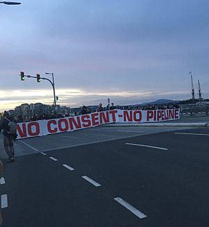 "No Consent - No Pipeline" Banner seen in Victoria during Wet'suwet'en Solidarity actions
