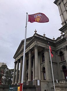 Brisbane Lions flag flying over Fitzroy town hall