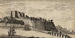 Carmarthen castle and town engraving