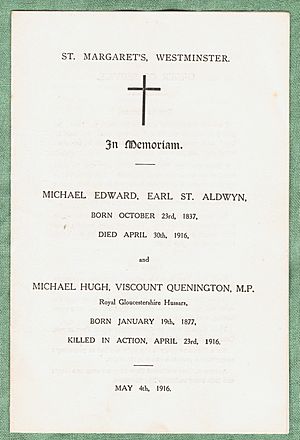 Cover of memorial service sheet, 4 May 1916, for 1st Earl St. Aldwyn (1837-1916) & Viscount Quenington (1877-1916)