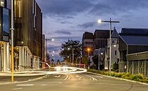 Durham Street during the blue hour, Christchurch, New Zealand