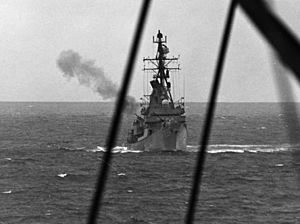 HMAS Perth (D 38) fires on North Vietnamese coastal defense sites in February 1968