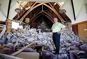 Holy Trinity Anglican Church in Lyttelton in ruins